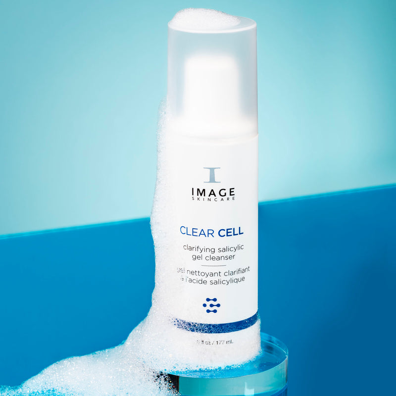 CLEAR CELL clarifying salicylic cleanser with a blue background