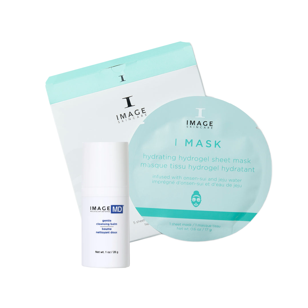 Image MD skincare set featuring a hydrating hydrogel sheet mask jar, its matching light blue and white box, and a white serum bottle on a clean white background.